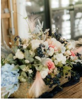 Enchantment Centerpiece Rustic Log Container with Silk Flowers in Centerpiece
