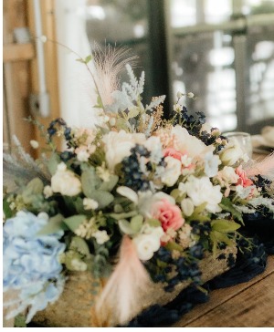 Enchantment Centerpiece Rustic Log Container with Silk Flowers in Centerpiece