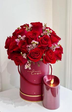 Eternal Love 3 dozen red Rose's arranged in deluxe keepsake box w/ Luminara candle