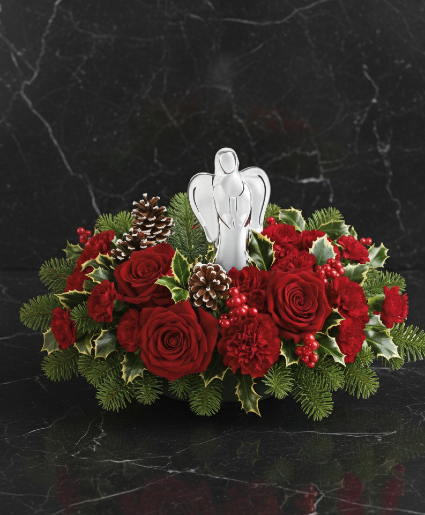 Evergreen blooms with angel Centerpiece