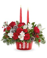 Evergreen Charm Centerpiece keepsake arrangement  With Candles