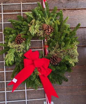 evergreen wreath with bow & pine cones  christmas wreath 24"