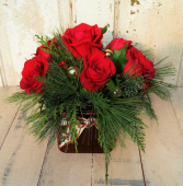 Evergreens and Roses Vase Arrangement