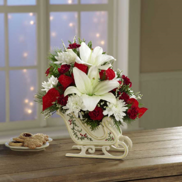 Exclusively at Flowers Today Florist Sleigh Ride Holiday Arrangement Porcelian Keepsake in New Port Richey, FL | FLOWERS TODAY FLORIST