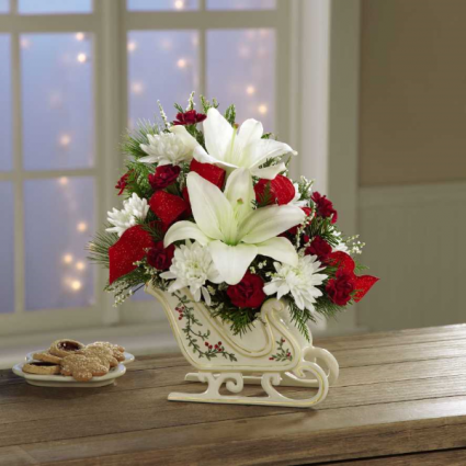 Exclusively at Flowers Today Florist Sleigh Ride Holiday Arrangement Porcelian Keepsake