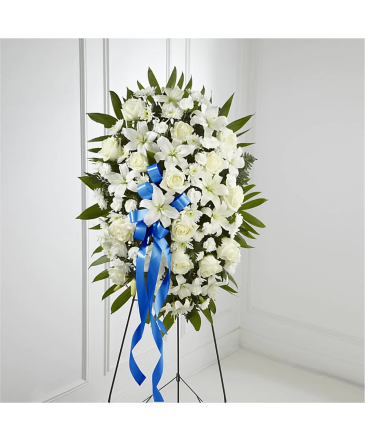 Exquisite Tribute Standing Spray-Blue Ribbon  in Kanata, ON | Brunet Florist