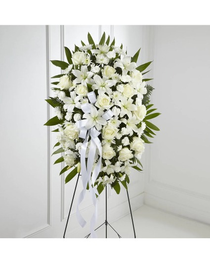 Exquisite Tribute Standing Spray-White Ribbon