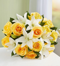 Fair Trade Yellow Rose & White Lily  Hand tied bouquet