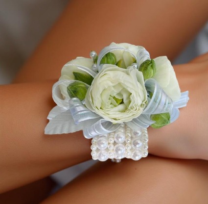 Fairy Tale Flora Baby Blue ribbon and White Ranunculus