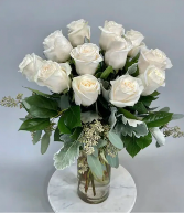 Faith white rose arrangement