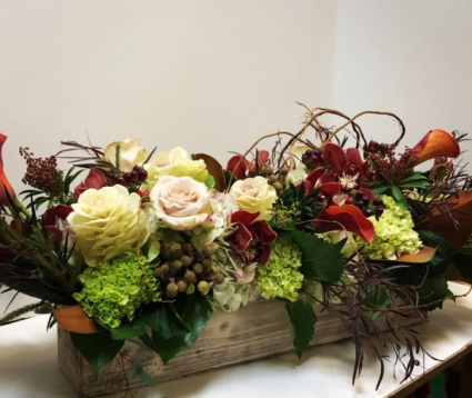 Fall Afternoon Wooden Box Arrangement, Wooden Containers For Flower Arrangements