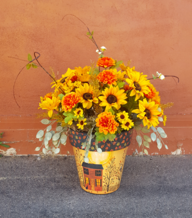 Fall arrangement in an Fall art pot Silk flower arrangement