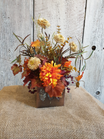 Fall arrangement in leaves square wooden box permanent floral