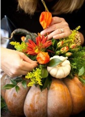 SOLD OUT - booking no longer available Nov. 2nd  Fall Floral Pumpkin Class Nothing says fall better than Pumpkins, Sunflowers and Fall foliage!  Learn the techniques to create one of our fun fresh Fall Pumpkin Centerpiece. 