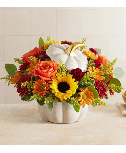 Crackle Pumpkin Fall Arrangement in Keepsake Container