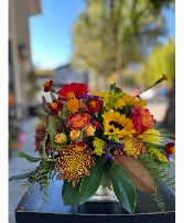 Fall Centerpiece Low Arrangement in Bright Fall Colors