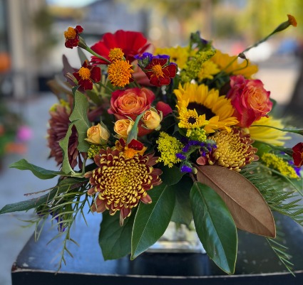Fall Centerpiece Low Arrangement in Bright Fall Colors