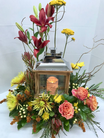 Fall Farewell Lantern Funeral Arrangement in Michigan City, IN | WRIGHT'S FLOWERS AND GIFTS INC.