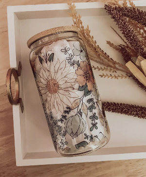 Fall Floral 16 oz Glass Cup with Bamboo Lid 