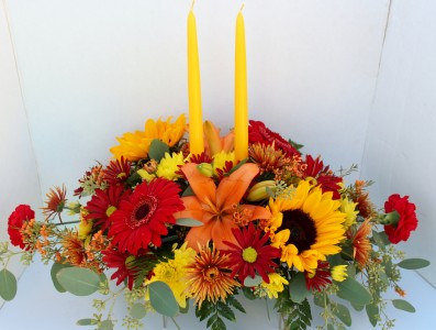 Fall Flower Long & Low With 2 Candles Centerpiece
