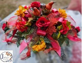 Fall Gourd Silk Cemetery Floral on brick with solar light