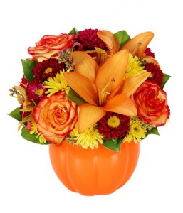 Fall Harvest Ceramic Pumpkin & Mixed Fall Flowers
