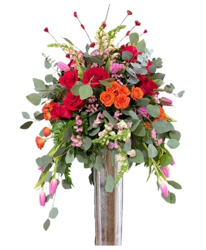FALL IN LOVE MIX RED ORANGE AND PINK TALL ARRANGEMENT