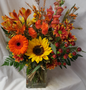 "Fall Blooms" fall flowers arranged in glass Vase