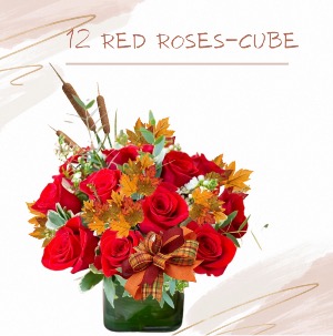 Fall Trim-12 Red Roses in Cube 