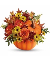 Fall Wishes Pumpkin Fresh arrangement in keepsake container