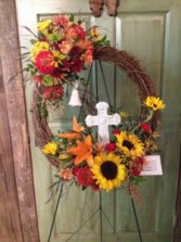 Grapevine Wreath, Fall with Cross & Bell Standing Spray