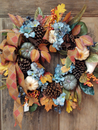 Fall Wreath With Ribbons Silk Flowers Arrangement