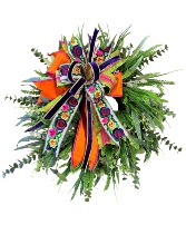 FAUX MIXED GREENERY WREATH & LARGE HANDTIED BOW  DECORATIVE WREATH