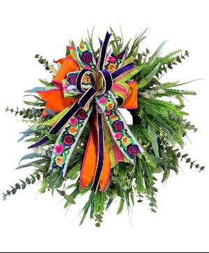 FAUX MIXED GREENERY WREATH & LARGE HANDTIED BOW  DECORATIVE WREATH