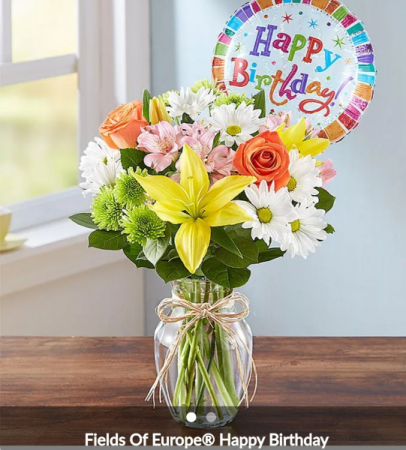 Feilds of Europe  birthday Mixed colorful flowers with birthday balloon 