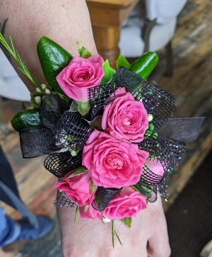 Feminine Fuchsia  Prom Corsage with bow- Fuchsia (Hot Pink) flowers, Black bow