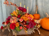 Festive Harvest Shiplap Box filled with Fresh Fall Flowers