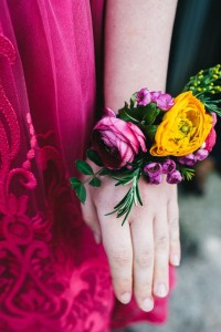 Festive Wrist Corsage with bright colored flowers