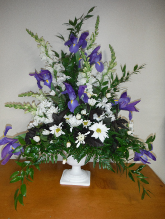 FG Blue and White Urn Sympathy arrangement