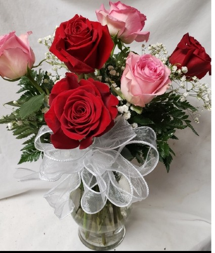 3 Red and 3 Pink Roses arranged in a vase with Filler and bow.