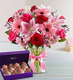 Fields of Europe Beauty Bouquet Roses, gerbera daisies, lilies, and more bundled with Chocolate Dipped Strawberries