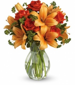 Fiery Lily and Rose Vase Arrangement