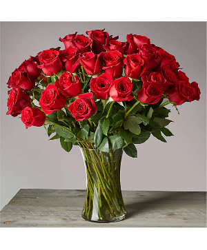 Fifty Long Stem Red Roses with Vase 