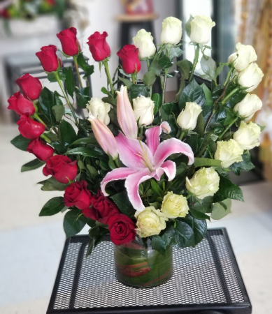 Fill her heart with LOVE bouquet  Heart shaped 24 red and white roses 