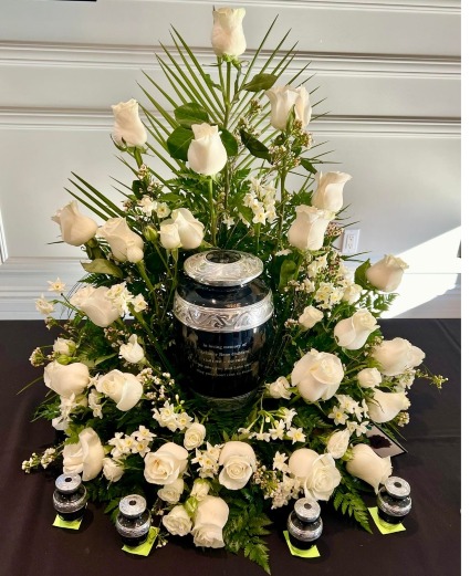 Final Goodbye in All White  Urn Cremation Arrangement 