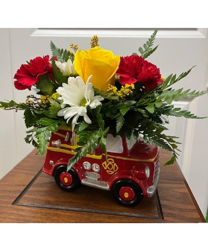 Fire truck Arrangement Ceramic Container with Fresh Flowers