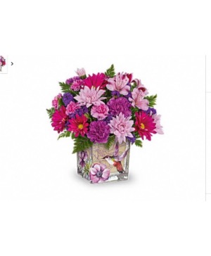 Flight of the hummingbird Glass keepsake cube arrangement