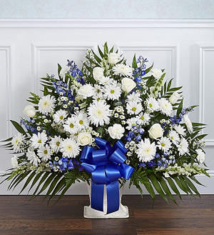 Blue & White Funeral  floor Basket 