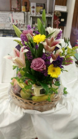 Floral  Arrangement and Fruit and Cheese Basket Gourmet - Cheese, Fruit and Flowers
