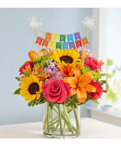 Floral Embrace with Happy Birthday Banner 